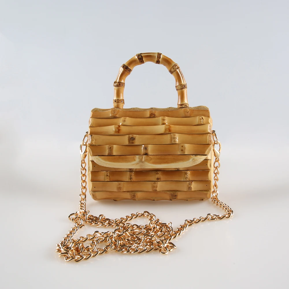 Long Chain Unique Handmade Natural Wood Rattan Straw Bamboo Root Handle Small Mini Cross Body Messenger Shoulder Bag Handbag