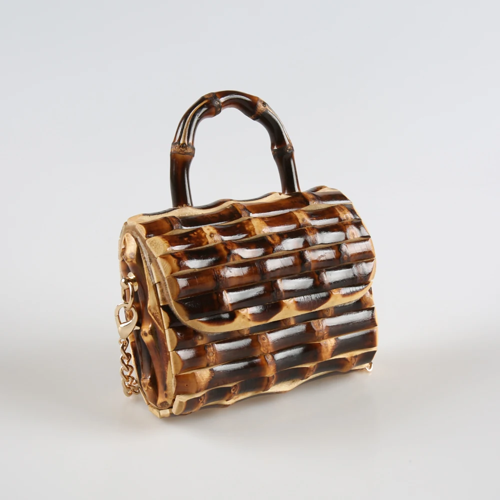 Long Chain Unique Handmade Natural Wood Rattan Straw Bamboo Root Handle Small Mini Cross Body Messenger Shoulder Bag Handbag