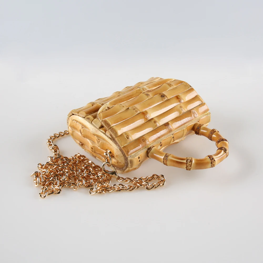 Long Chain Unique Handmade Natural Wood Rattan Straw Bamboo Root Handle Small Mini Cross Body Messenger Shoulder Bag Handbag