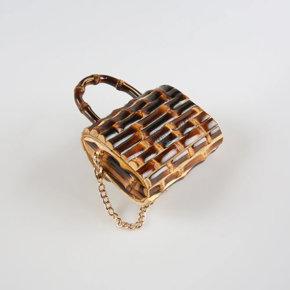 Long Chain Unique Handmade Natural Wood Rattan Straw Bamboo Root Handle Small Mini Cross Body Messenger Shoulder Bag Handbag