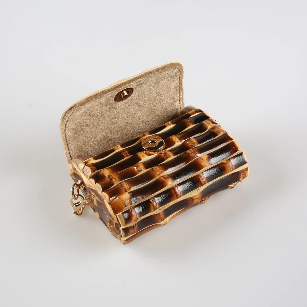 Long Chain Unique Handmade Natural Wood Rattan Straw Bamboo Root Handle Small Mini Cross Body Messenger Shoulder Bag Handbag