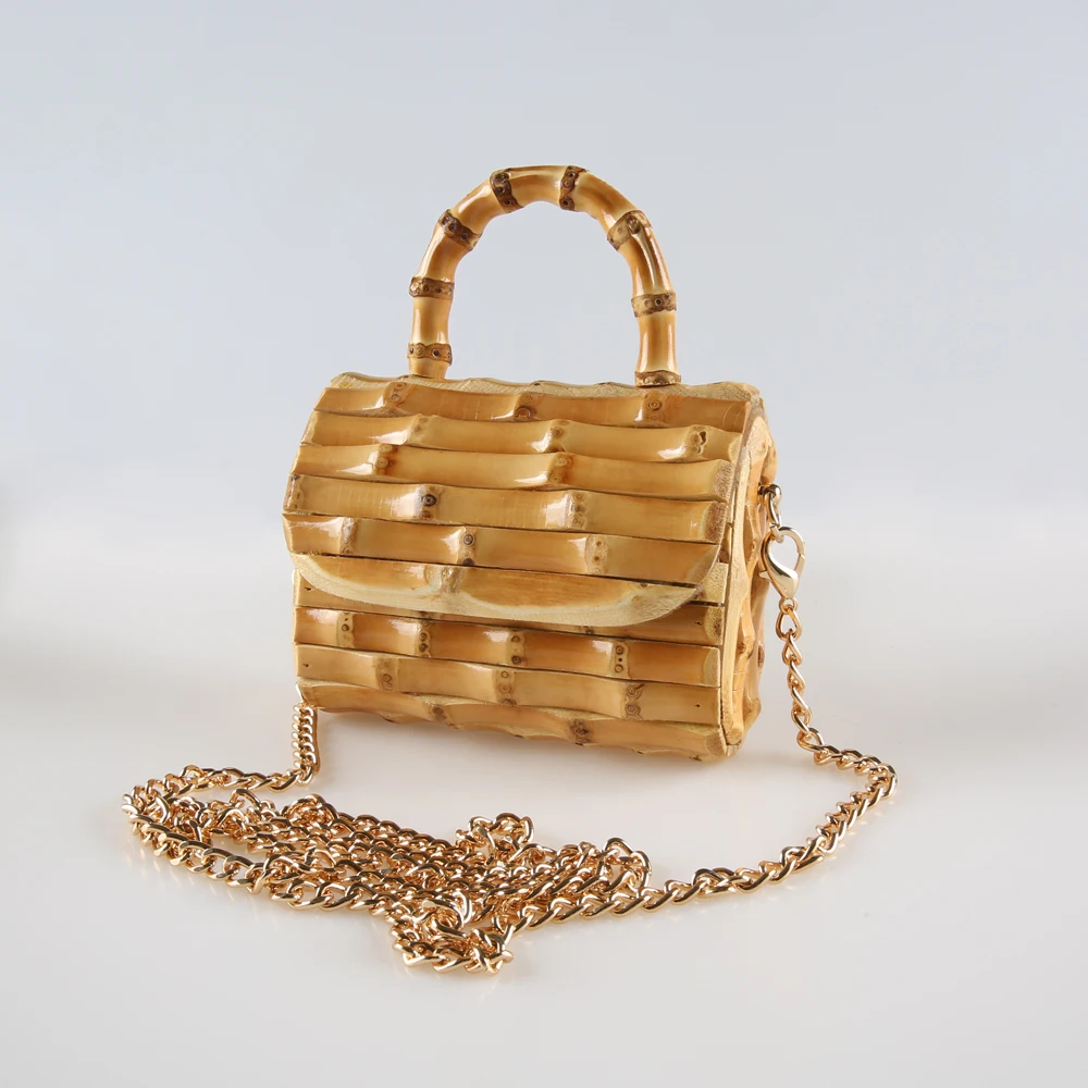 Long Chain Unique Handmade Natural Wood Rattan Straw Bamboo Root Handle Small Mini Cross Body Messenger Shoulder Bag Handbag