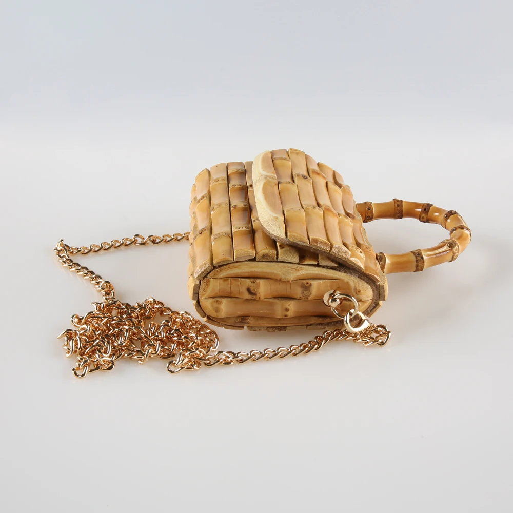 Long Chain Unique Handmade Natural Wood Rattan Straw Bamboo Root Handle Small Mini Cross Body Messenger Shoulder Bag Handbag