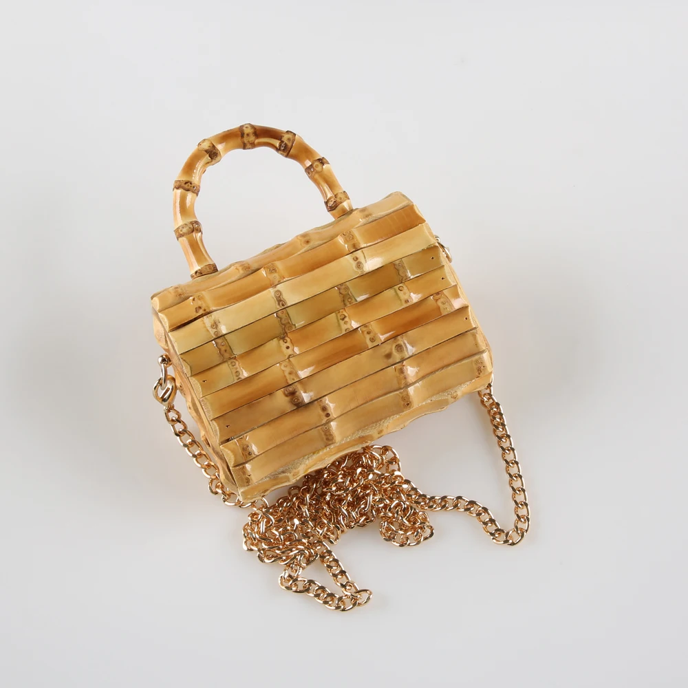 Long Chain Unique Handmade Natural Wood Rattan Straw Bamboo Root Handle Small Mini Cross Body Messenger Shoulder Bag Handbag