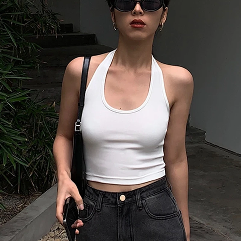 Cotton Sexy Backless Black White Tank Tops Halter Streetwear Vest Female Crop Top Summer 2025 Basic T-shirts Ladies Tube Camis