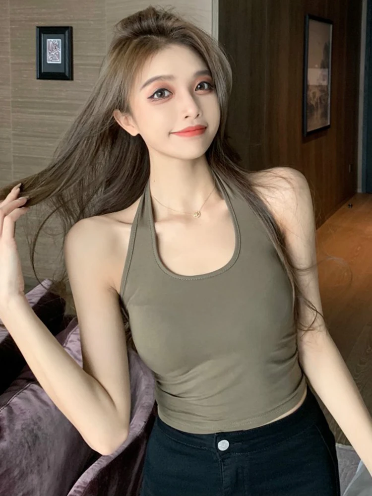 Cotton Sexy Backless Black White Tank Tops Halter Streetwear Vest Female Crop Top Summer 2025 Basic T-shirts Ladies Tube Camis
