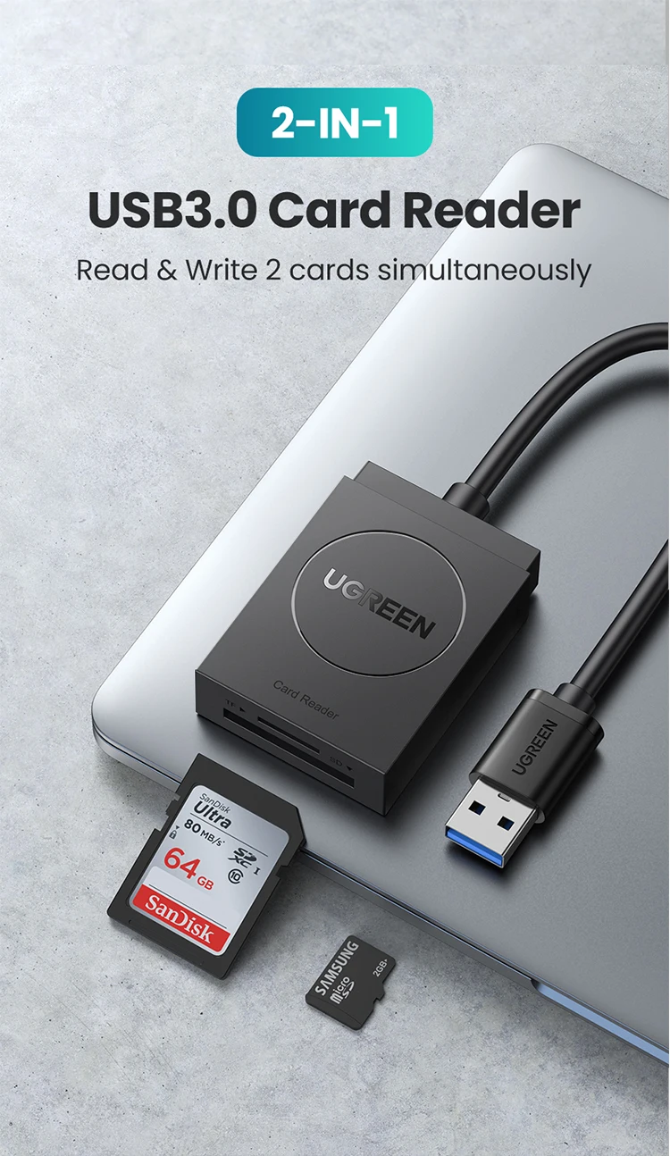 UGREEN Card Reader USB3.0 to SD Micro SD TF Card Adapter for Laptop PC USB to Multi Card adapter Cardreader Smart Card Reader