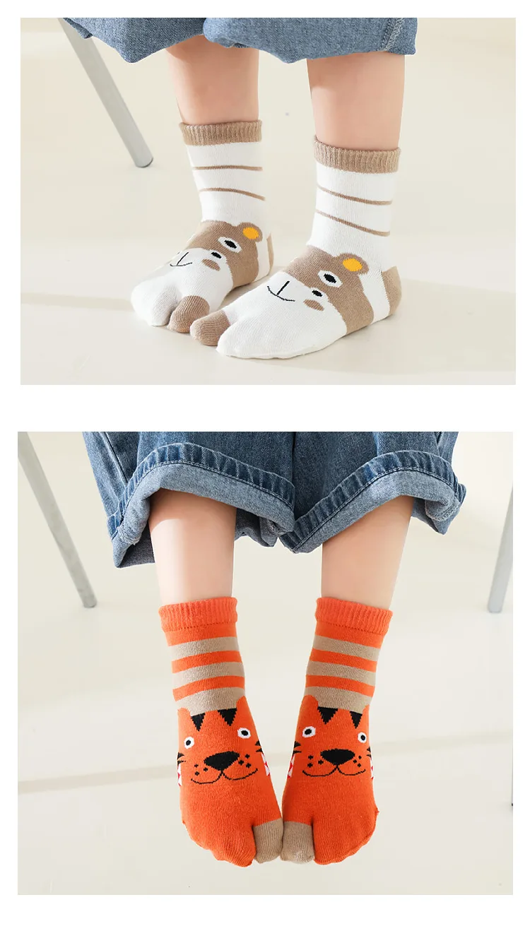 5 Pairs New Style Children Two Toed Tabi Socks for Kids Baby Boys Girls Student Cartoon Animal Cotton Soft Split Thumb Toe Socks