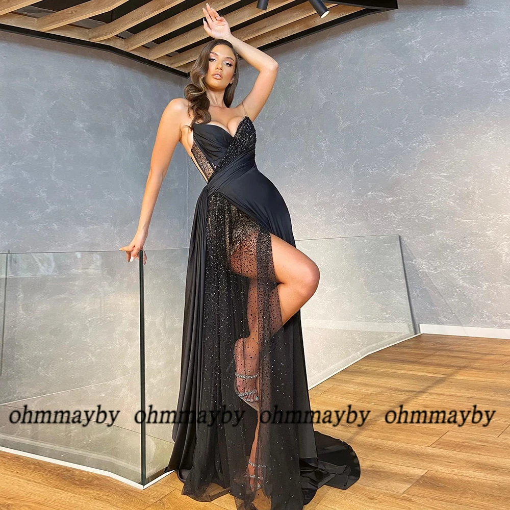 Corset Spaghetti Strap Black Pleat High Slit Asymmetrical Prom Gowns Custom Beading Sequined Women Dress Vestidos De Fiesta New