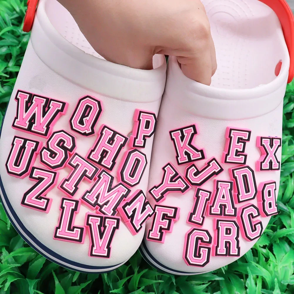 1-26Pcs PVC Pink English Letter Alphabet Sandals Shoe Charms Accessories Kids Designer Decoration DIY Backpack