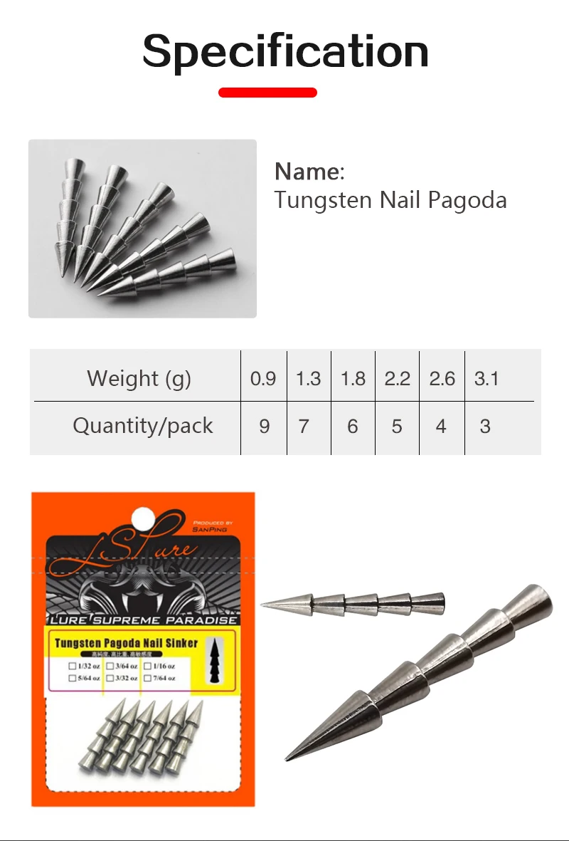 LSP New Nail Pagoda Fishing Sinker Small Thin Worm Weights Sinkers Fishing Tackle Insert Into Soft Plastic Lures 0.3g