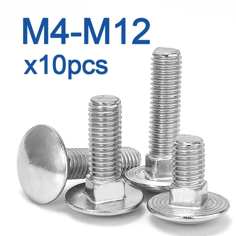 10pcs/lot M4 M5 M6 M8 M10 M12 10- 150mm Length Carriage Bolt 304 Stainless Steel Round Head Square Neck Screw DIN603