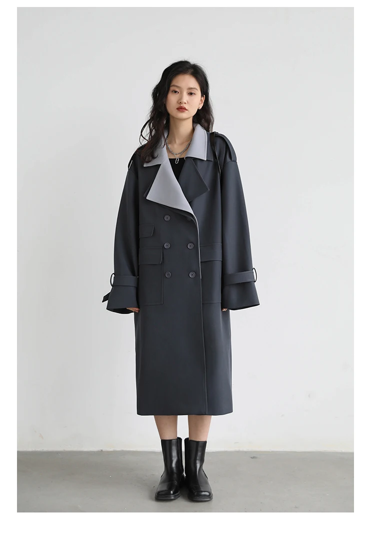 CHIC VEN Women Trench Coat Solid Loose Contrast Double Collar Double Breasted Long Female Windbreaker Office Lady Spring Autumn