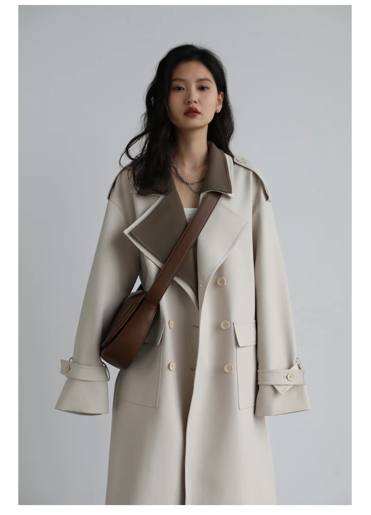 CHIC VEN Women Trench Coat Solid Loose Contrast Double Collar Double Breasted Long Female Windbreaker Office Lady Spring Autumn