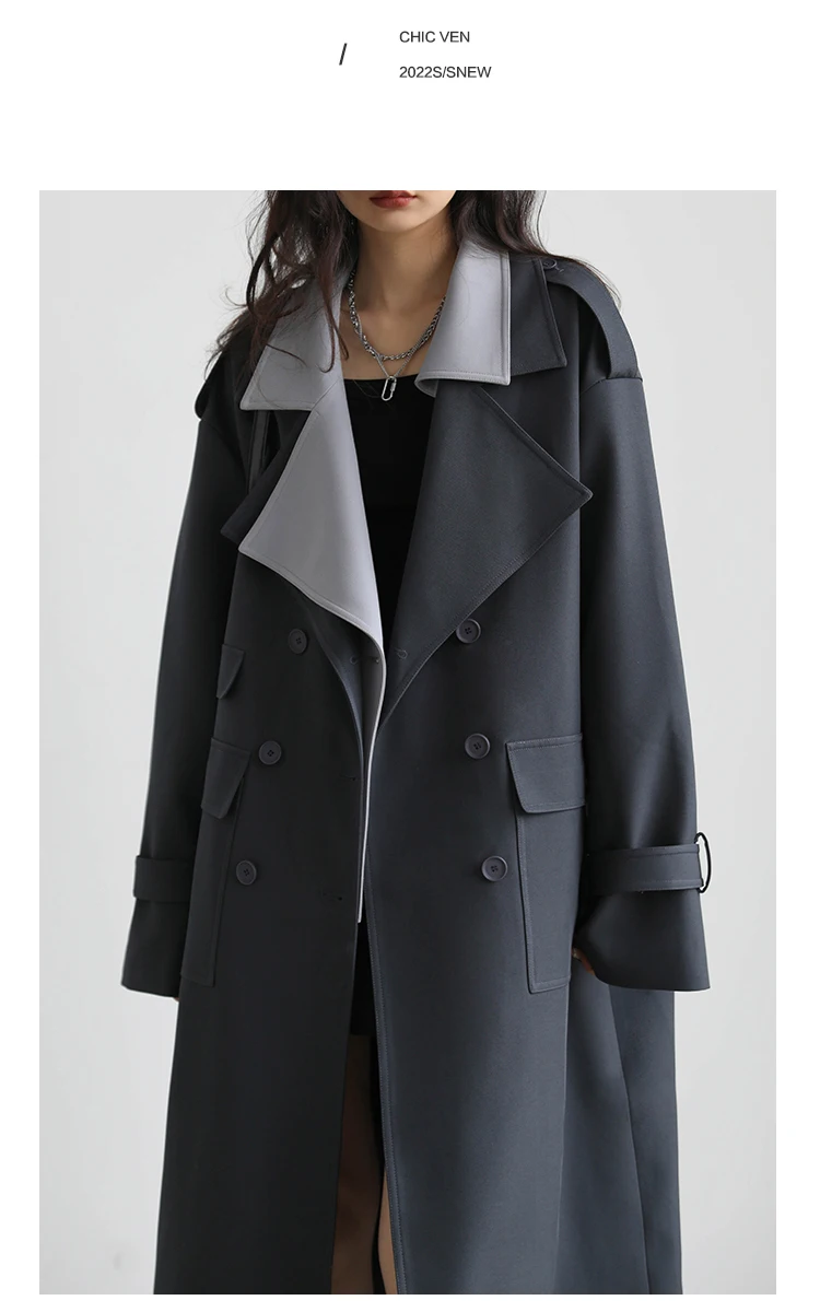 CHIC VEN Women Trench Coat Solid Loose Contrast Double Collar Double Breasted Long Female Windbreaker Office Lady Spring Autumn