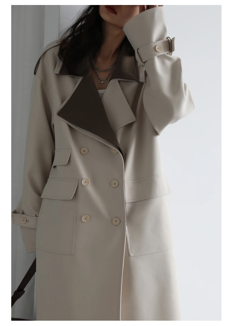 CHIC VEN Women Trench Coat Solid Loose Contrast Double Collar Double Breasted Long Female Windbreaker Office Lady Spring Autumn