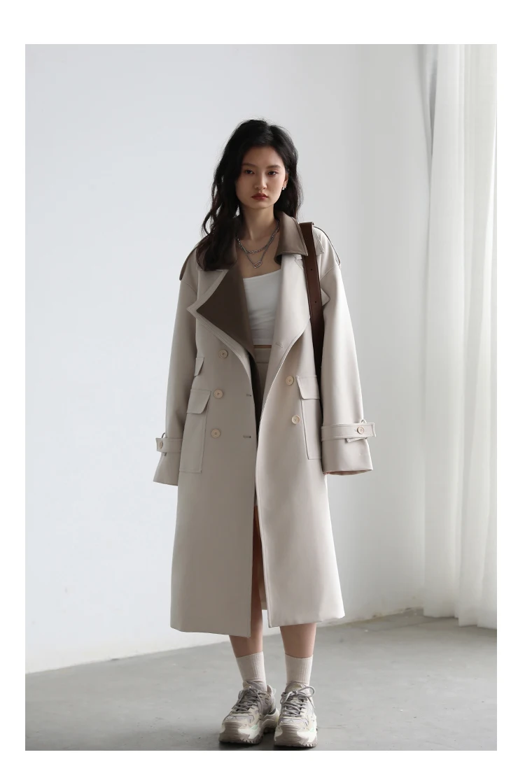 CHIC VEN Women Trench Coat Solid Loose Contrast Double Collar Double Breasted Long Female Windbreaker Office Lady Spring Autumn