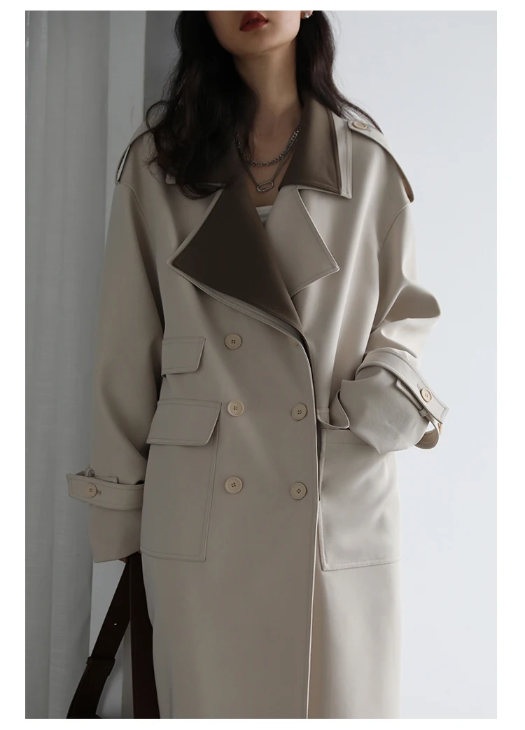 CHIC VEN Women Trench Coat Solid Loose Contrast Double Collar Double Breasted Long Female Windbreaker Office Lady Spring Autumn