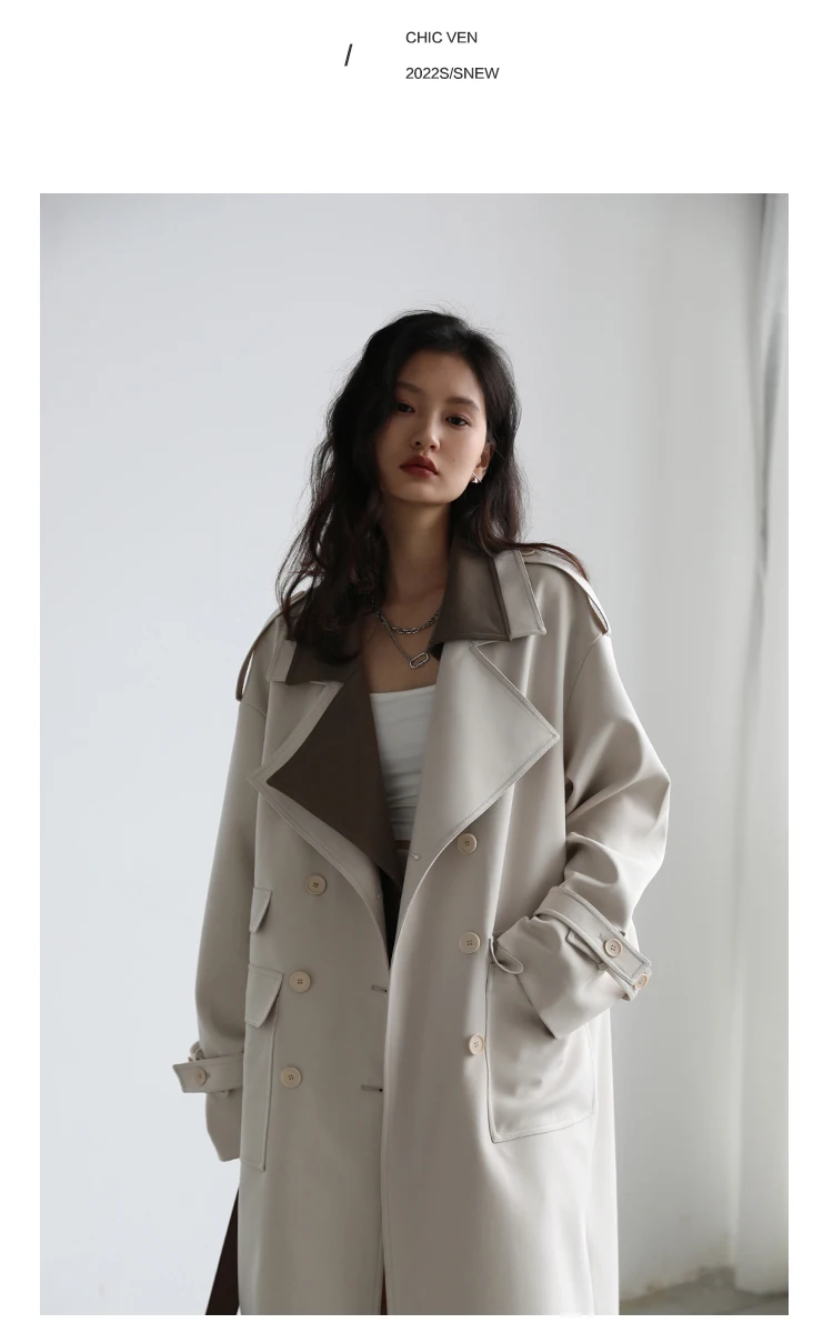 CHIC VEN Women Trench Coat Solid Loose Contrast Double Collar Double Breasted Long Female Windbreaker Office Lady Spring Autumn