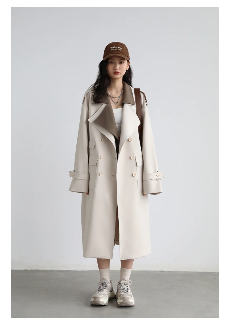 CHIC VEN Women Trench Coat Solid Loose Contrast Double Collar Double Breasted Long Female Windbreaker Office Lady Spring Autumn