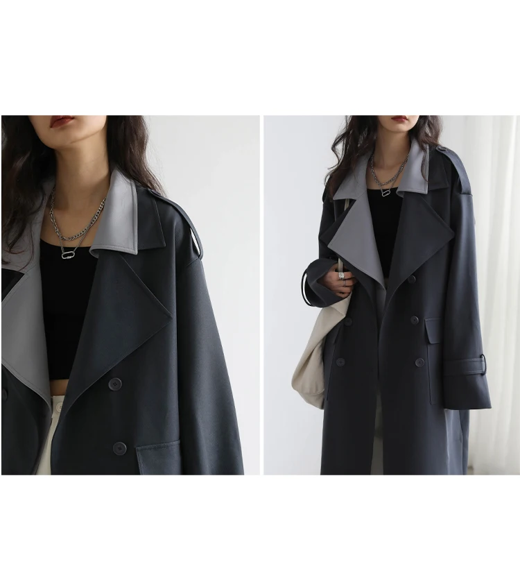 CHIC VEN Women Trench Coat Solid Loose Contrast Double Collar Double Breasted Long Female Windbreaker Office Lady Spring Autumn