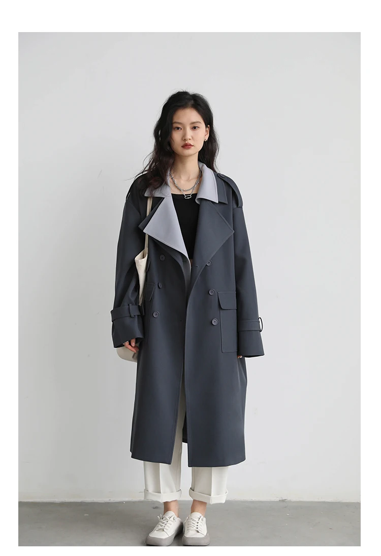 CHIC VEN Women Trench Coat Solid Loose Contrast Double Collar Double Breasted Long Female Windbreaker Office Lady Spring Autumn