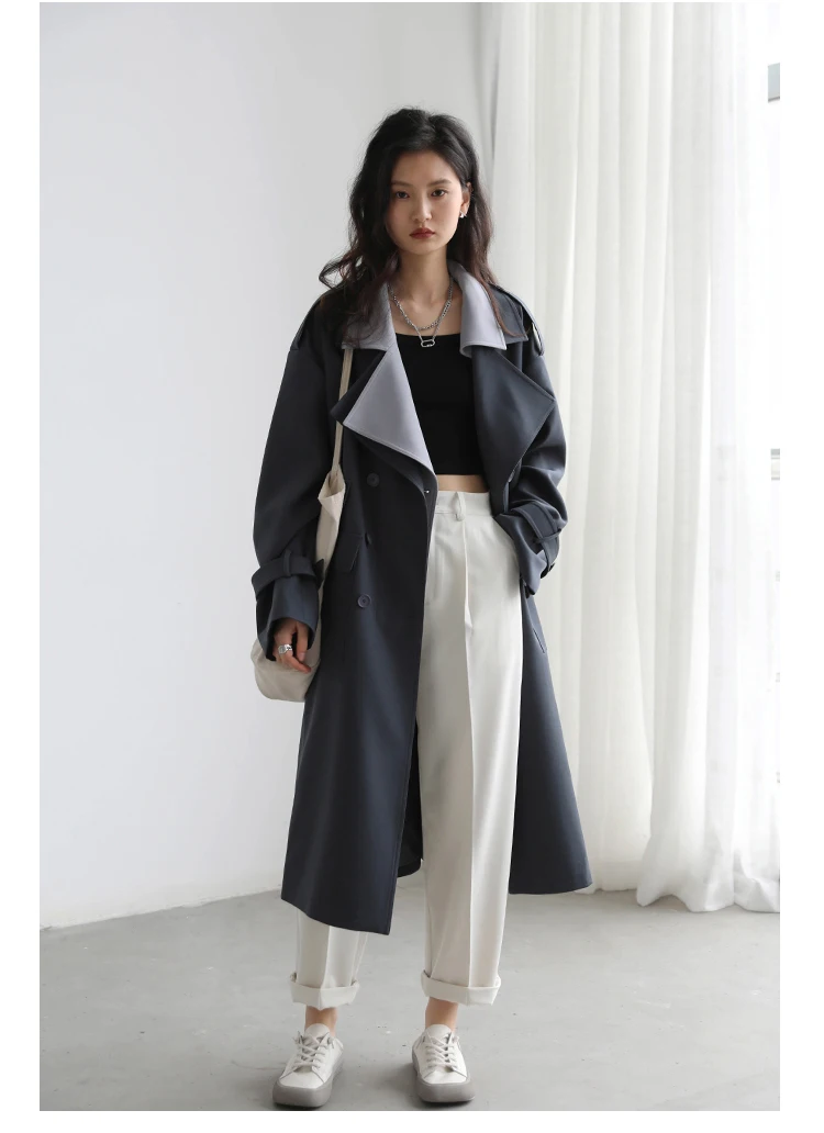 CHIC VEN Women Trench Coat Solid Loose Contrast Double Collar Double Breasted Long Female Windbreaker Office Lady Spring Autumn