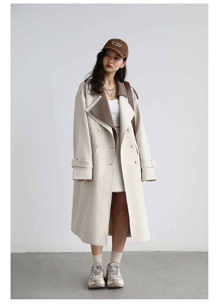 CHIC VEN Women Trench Coat Solid Loose Contrast Double Collar Double Breasted Long Female Windbreaker Office Lady Spring Autumn