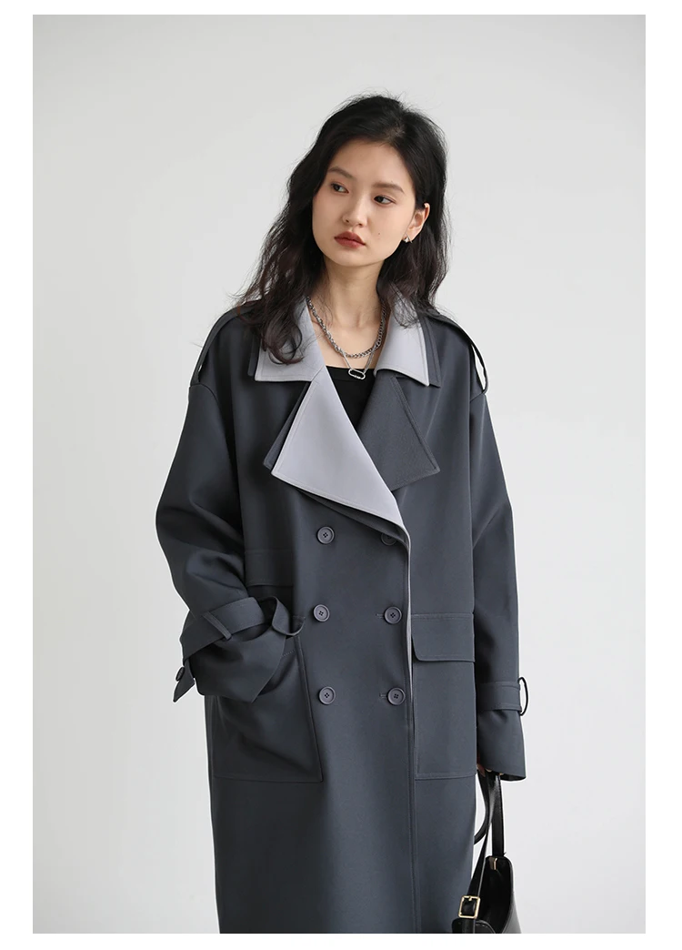 CHIC VEN Women Trench Coat Solid Loose Contrast Double Collar Double Breasted Long Female Windbreaker Office Lady Spring Autumn