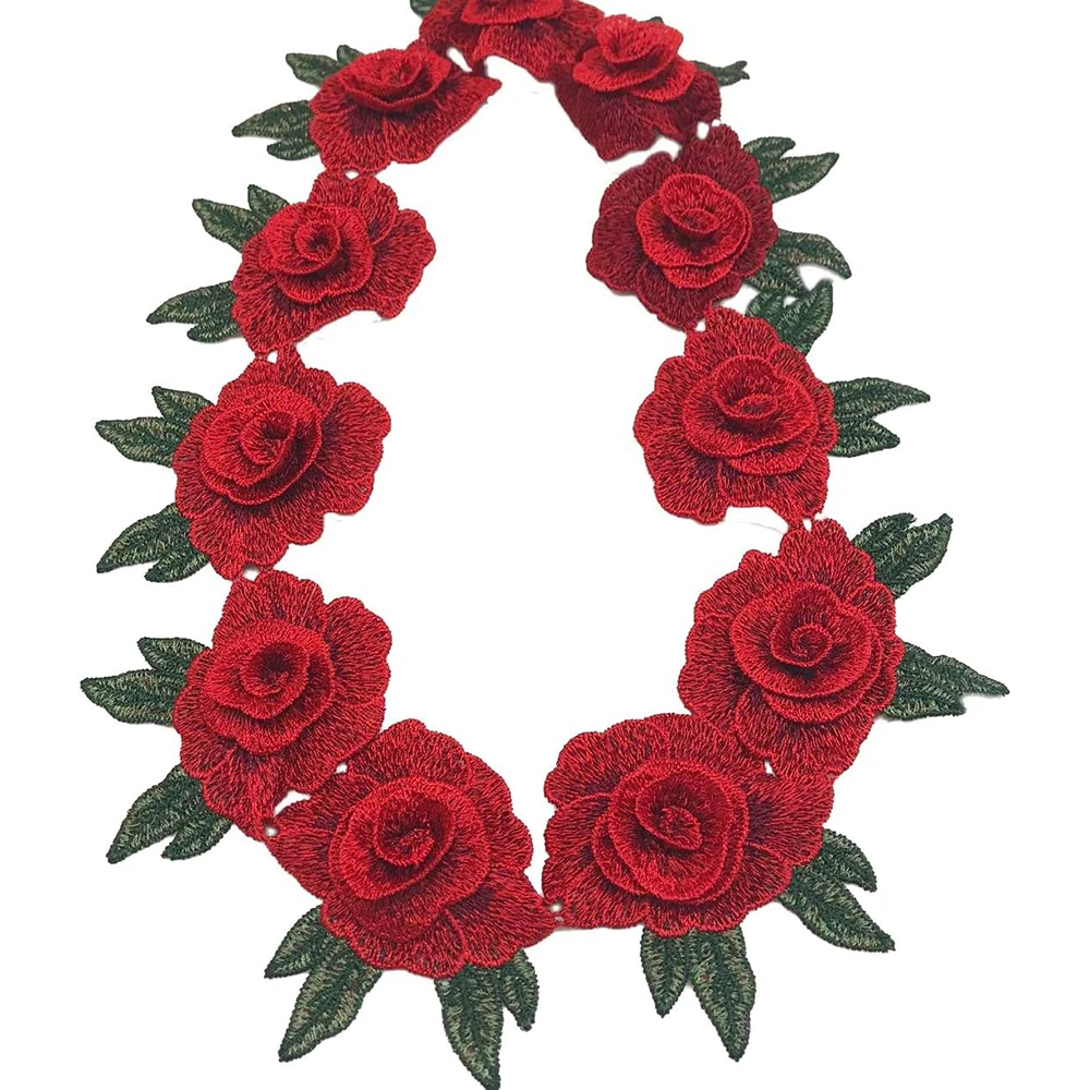 3Pcs Red Embroidery Flower Clothes Patches Fabric Wedding Christmas Bags Curtain Festival Decoration DIY Sewing Repair
