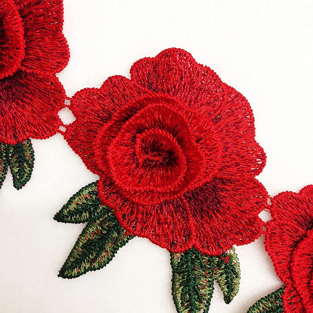 3Pcs Red Embroidery Flower Clothes Patches Fabric Wedding Christmas Bags Curtain Festival Decoration DIY Sewing Repair