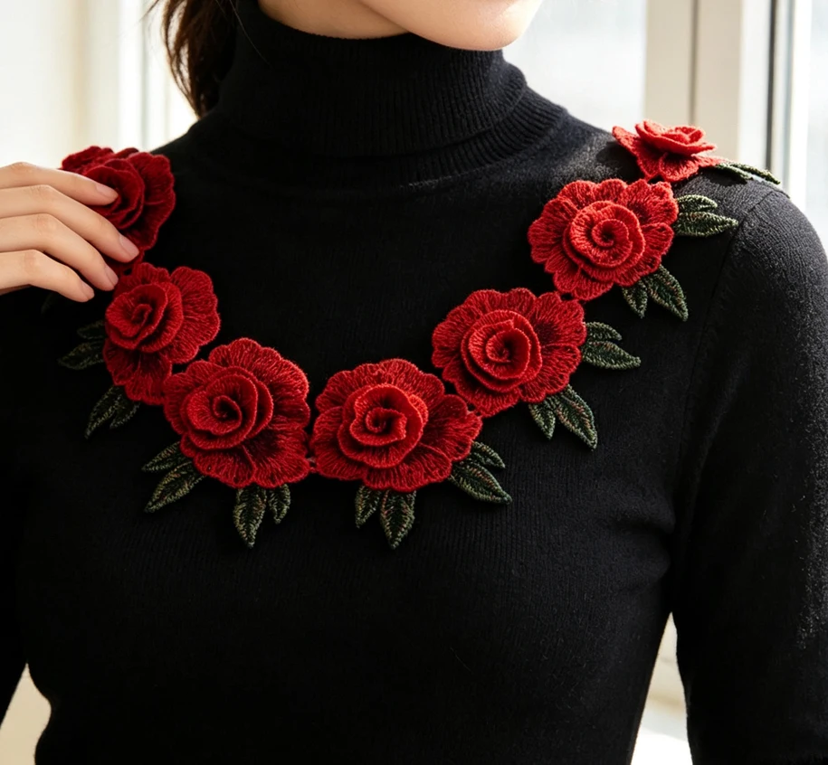 3Pcs Red Embroidery Flower Clothes Patches Fabric Wedding Christmas Bags Curtain Festival Decoration DIY Sewing Repair