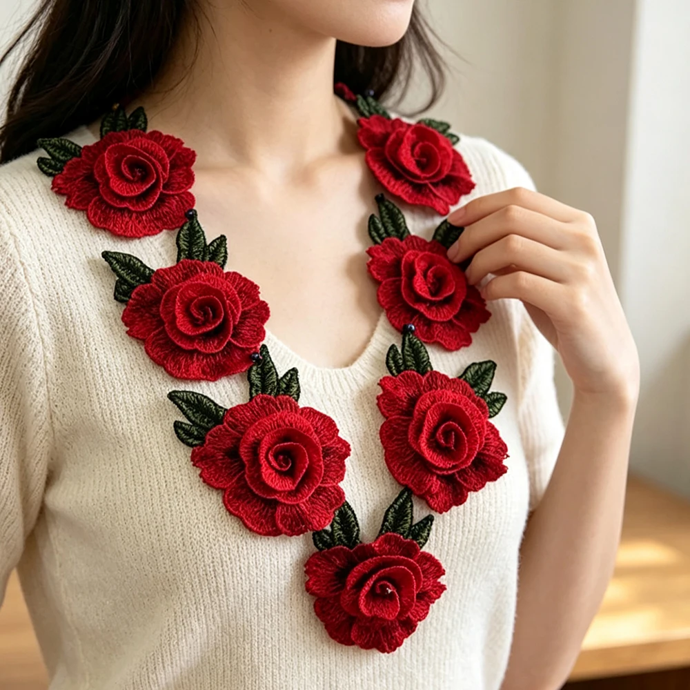 3Pcs Red Embroidery Flower Clothes Patches Fabric Wedding Christmas Bags Curtain Festival Decoration DIY Sewing Repair