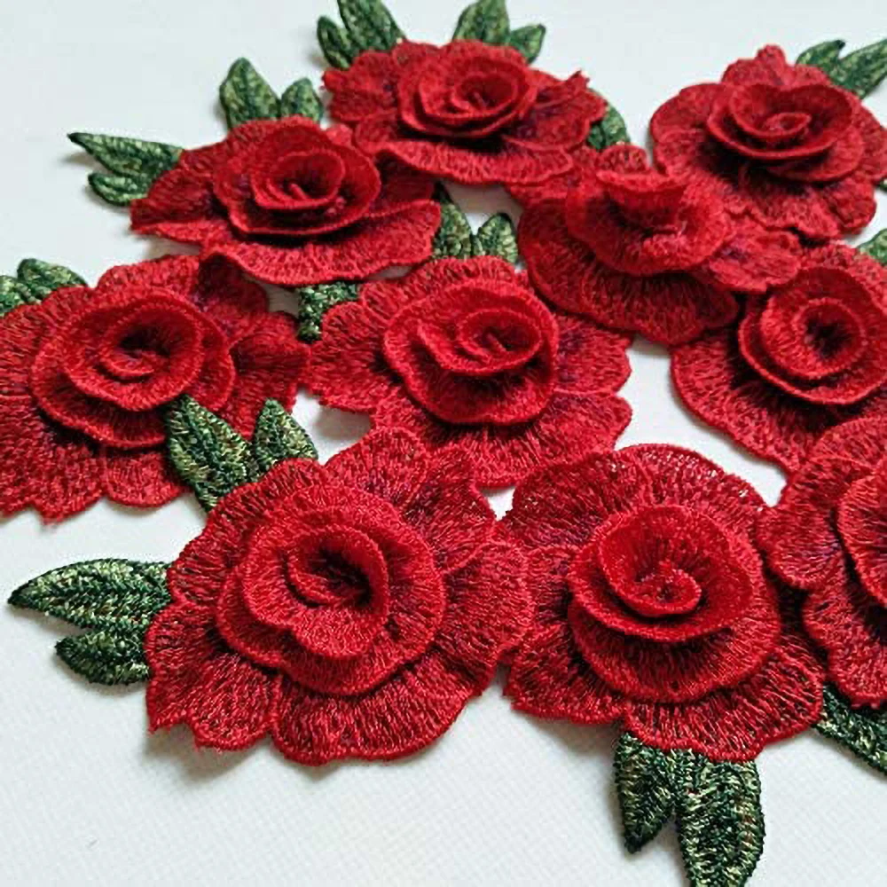 3Pcs Red Embroidery Flower Clothes Patches Fabric Wedding Christmas Bags Curtain Festival Decoration DIY Sewing Repair
