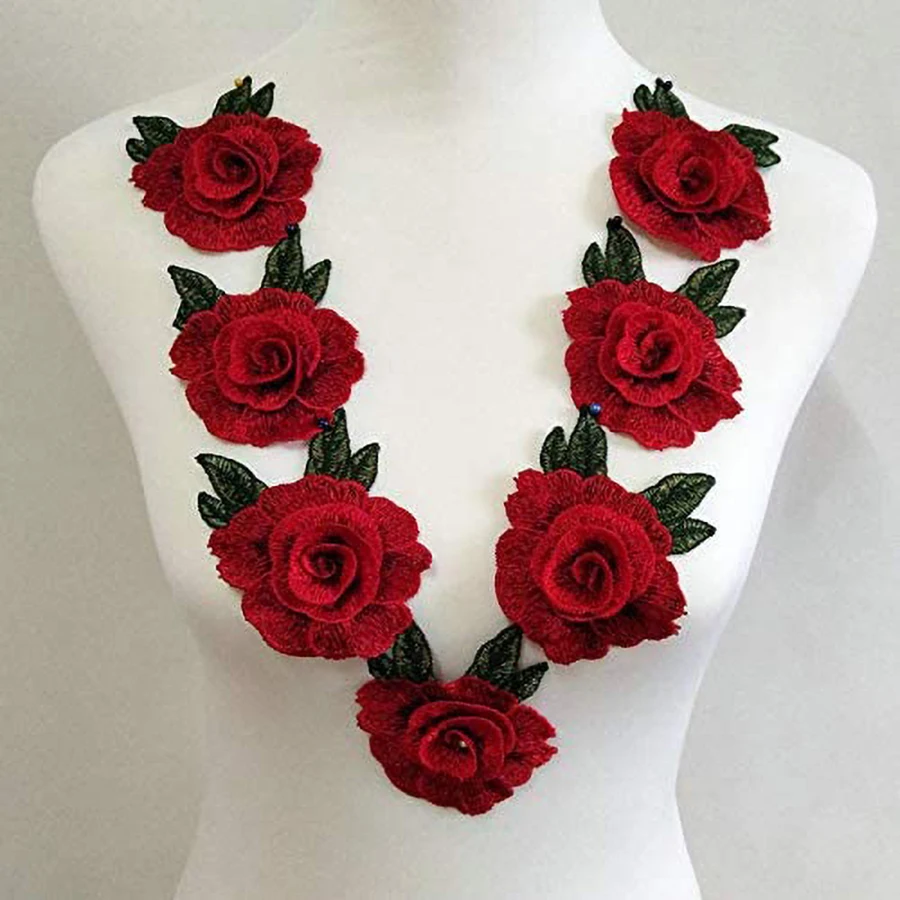 3Pcs Red Embroidery Flower Clothes Patches Fabric Wedding Christmas Bags Curtain Festival Decoration DIY Sewing Repair