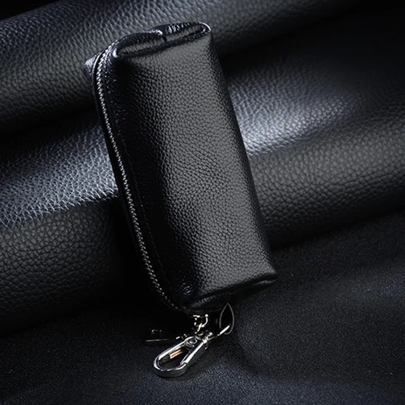 Genuine Leather Key Holder - Unisex Car/House Key Organizer Pouch with Long Keychain, Cow Split Leather Wallet Case