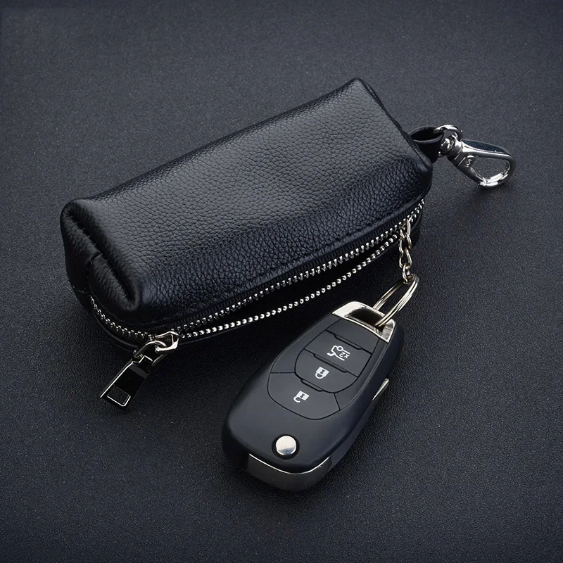 Genuine Leather Key Holder - Unisex Car/House Key Organizer Pouch with Long Keychain, Cow Split Leather Wallet Case