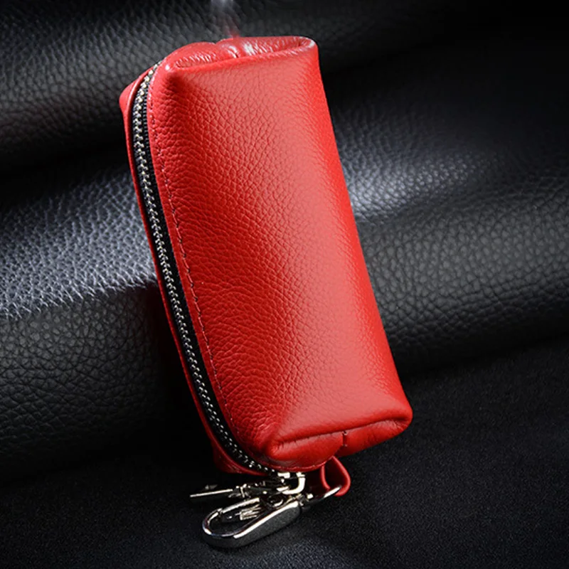 Genuine Leather Key Holder - Unisex Car/House Key Organizer Pouch with Long Keychain, Cow Split Leather Wallet Case