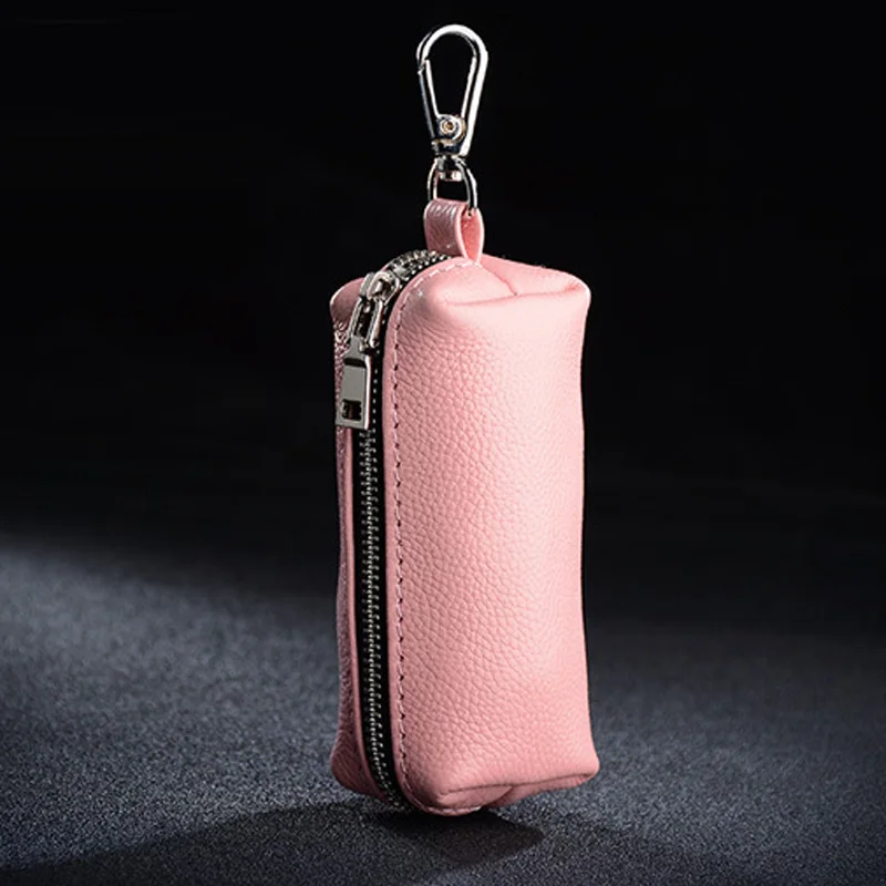 Genuine Leather Key Holder - Unisex Car/House Key Organizer Pouch with Long Keychain, Cow Split Leather Wallet Case