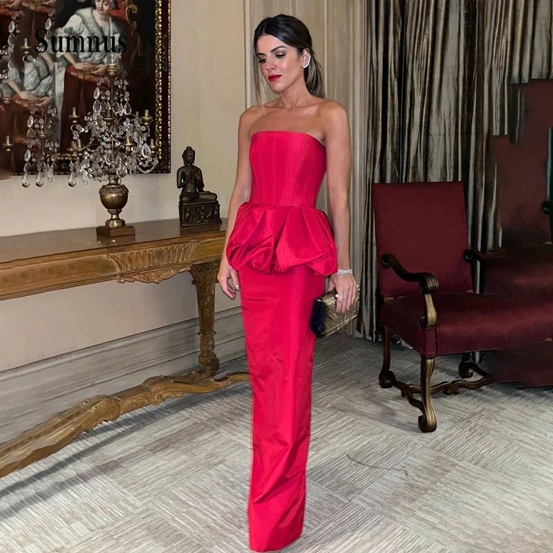 Red Satin Straight Evening Dresses Strapless Pleats Floor Length Banquet Gowns Split Back Zipper Formal Dress Women Customized