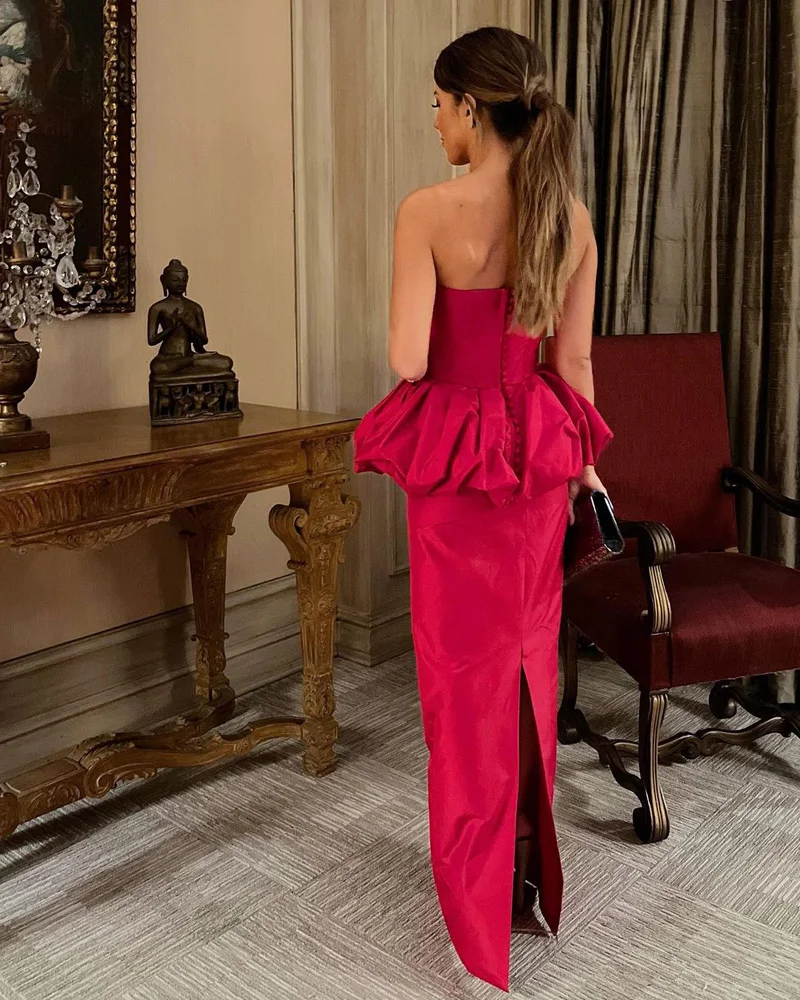 Red Satin Straight Evening Dresses Strapless Pleats Floor Length Banquet Gowns Split Back Zipper Formal Dress Women Customized