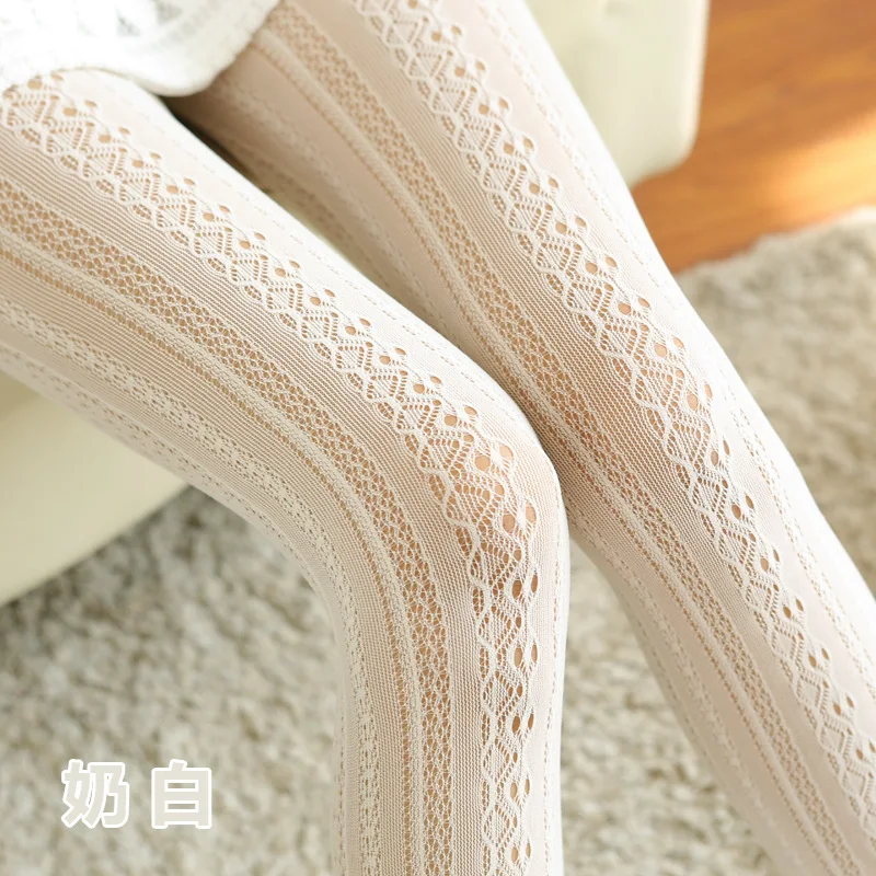 Sexy Lace Knitted Cotton Tights Women Girls Autumn Hollow Out Striped Stockings Hot Selling Female Solid Lolita Pantyhose