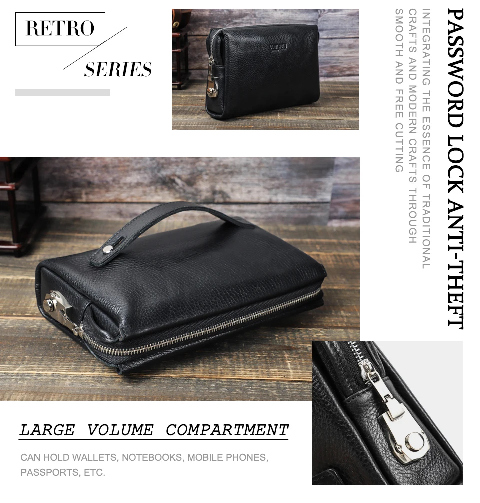 CONTACT'S Genuine Leather Clutch Bag for Men Password Design Casual Hand Wallet Bags Male Long Purse Large Capacity Engrvaing