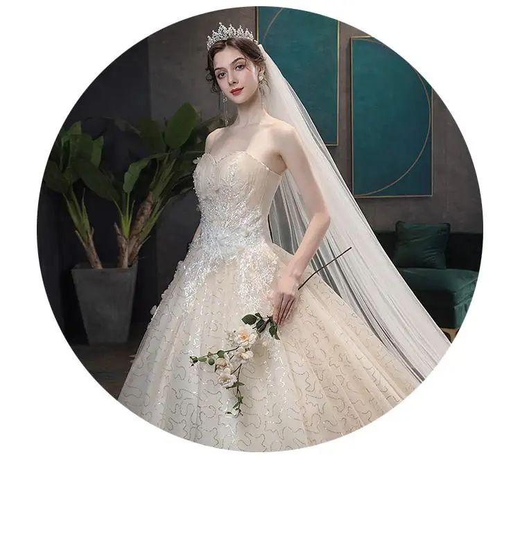 Strapless Wedding Gown With Train Shiny Wedding Party Ball Gown Luxury Lace Robe De Mariee Customized Plus Size