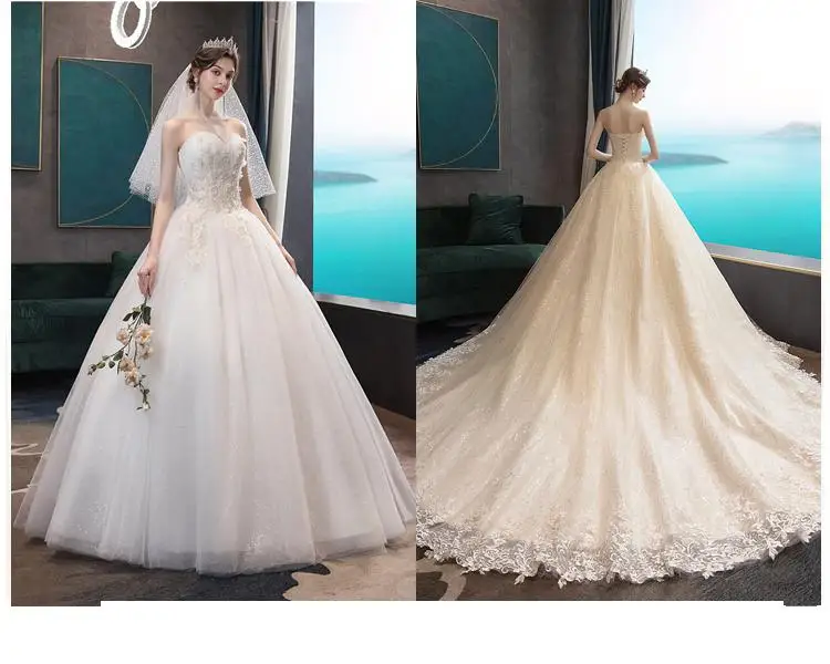 Strapless Wedding Gown With Train Shiny Wedding Party Ball Gown Luxury Lace Robe De Mariee Customized Plus Size