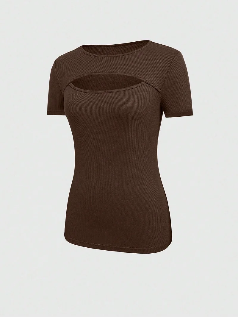 2024 European And American Summer Cross-Border New Women's Round Neck Chest Open Short Sleeve T-shirt