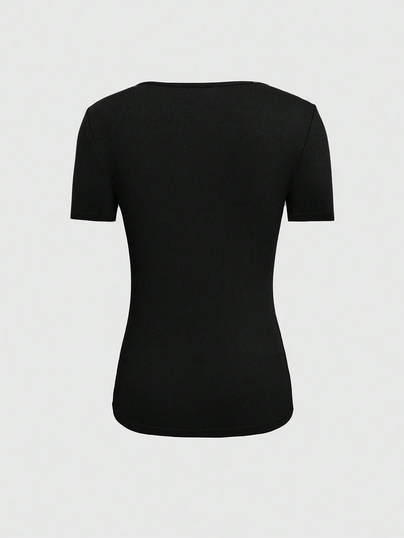 2024 European And American Summer Cross-Border New Women's Round Neck Chest Open Short Sleeve T-shirt