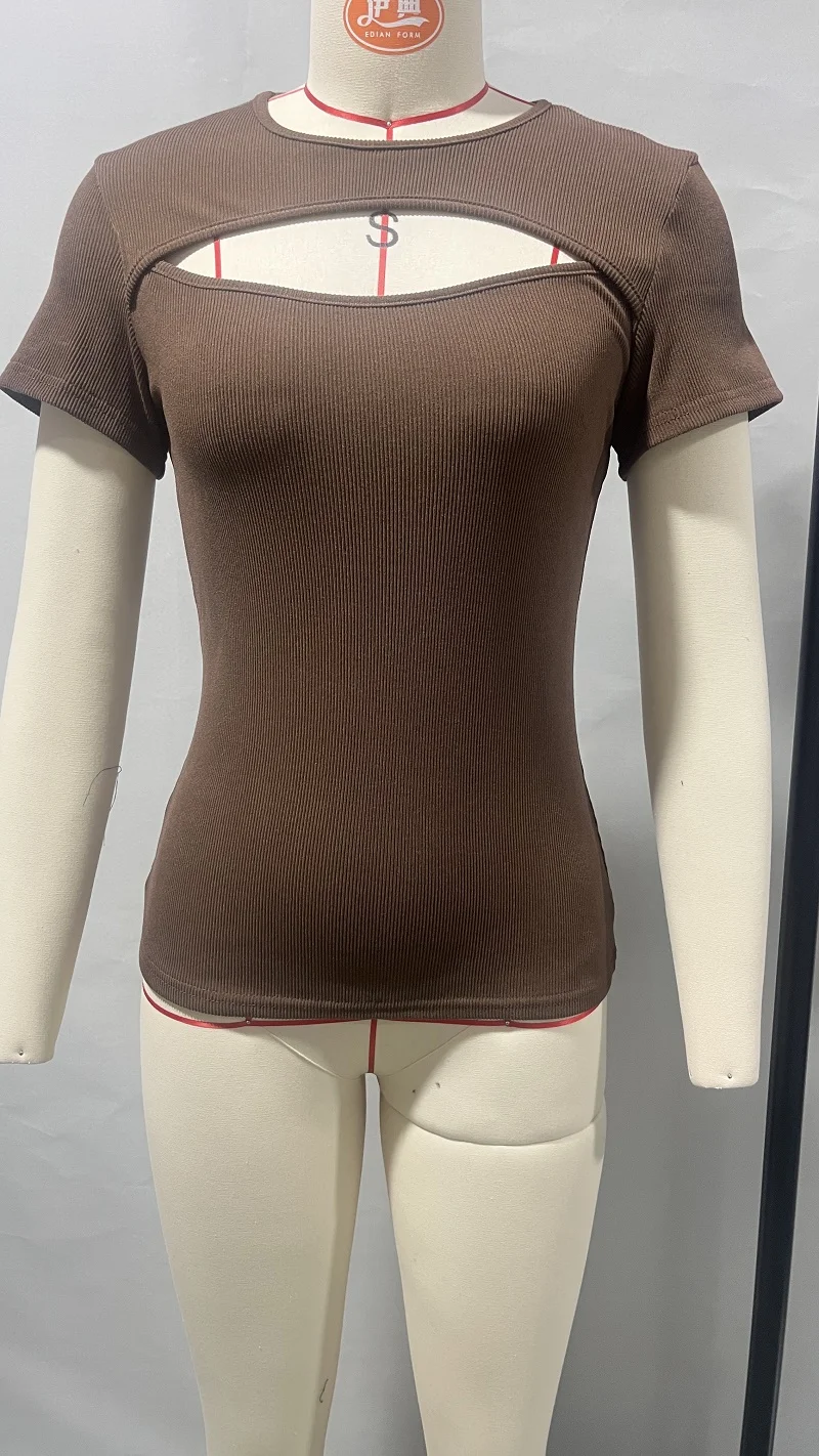 2024 European And American Summer Cross-Border New Women's Round Neck Chest Open Short Sleeve T-shirt