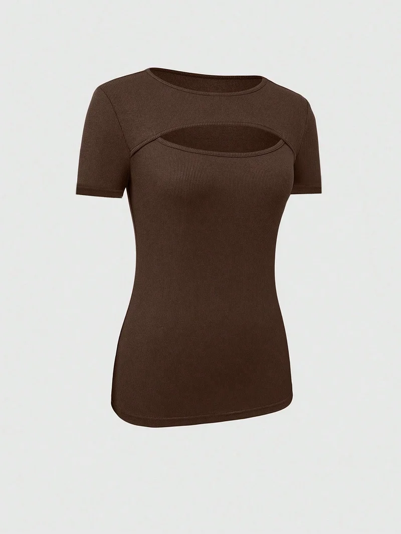 2024 European And American Summer Cross-Border New Women's Round Neck Chest Open Short Sleeve T-shirt