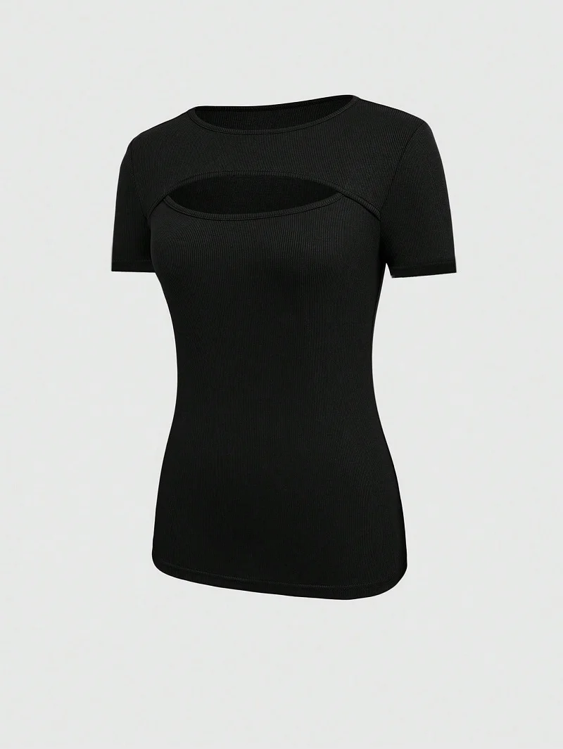 2024 European And American Summer Cross-Border New Women's Round Neck Chest Open Short Sleeve T-shirt